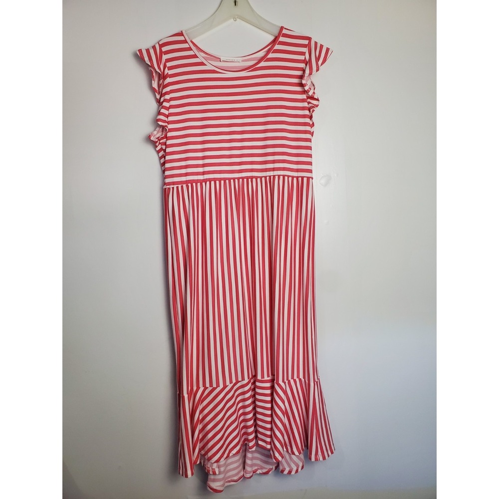 REBORN J boho-style maxi dress, red and white, featuring ruffled sleeves sz XL